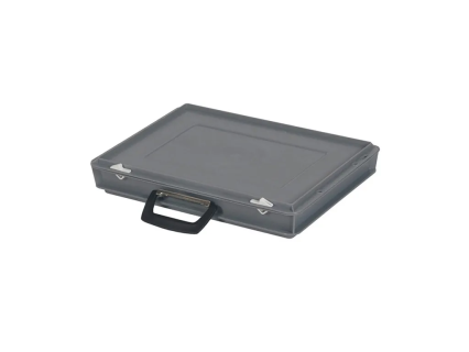 Valise - 400 x 300 x H 65 mm - Gris - bac gerbable avec couvercle et poignée (fond lisse)