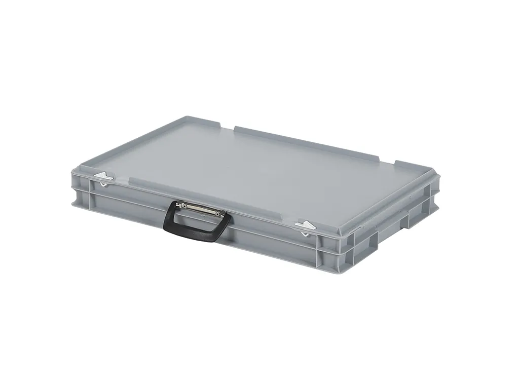 Plastic case - 600 x 400 x H 90 mm - Grey - Stacking bin with lid and case handle