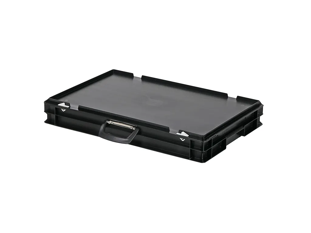 Koffer - 600 x 400 x H 90 mm - zwart - stapelbak met deksel en koffergreep