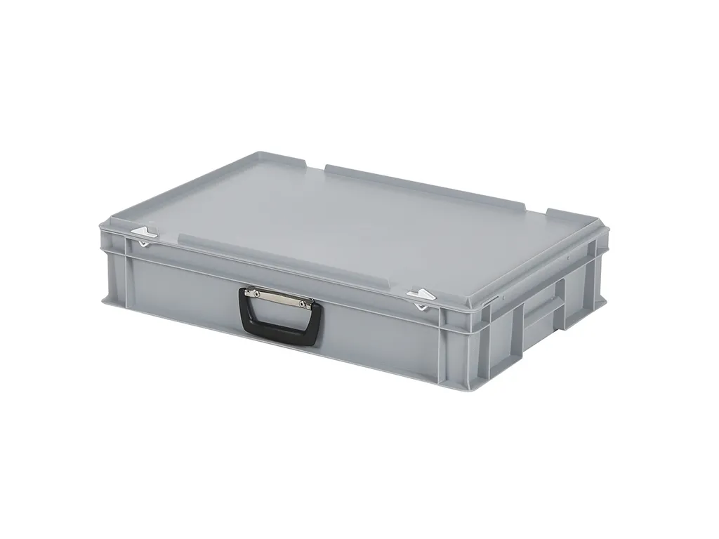 Plastic case - 600 x 400 x H 135 mm - Grey - Stacking bin with lid and case handle