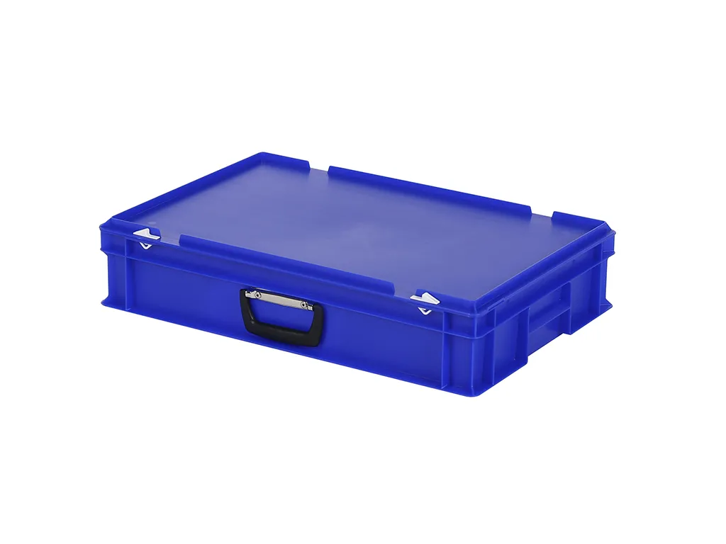Valise - 600 x 400 x H 135 mm - Bleu - bac gerbable avec couvercle et poignée (fond lisse)