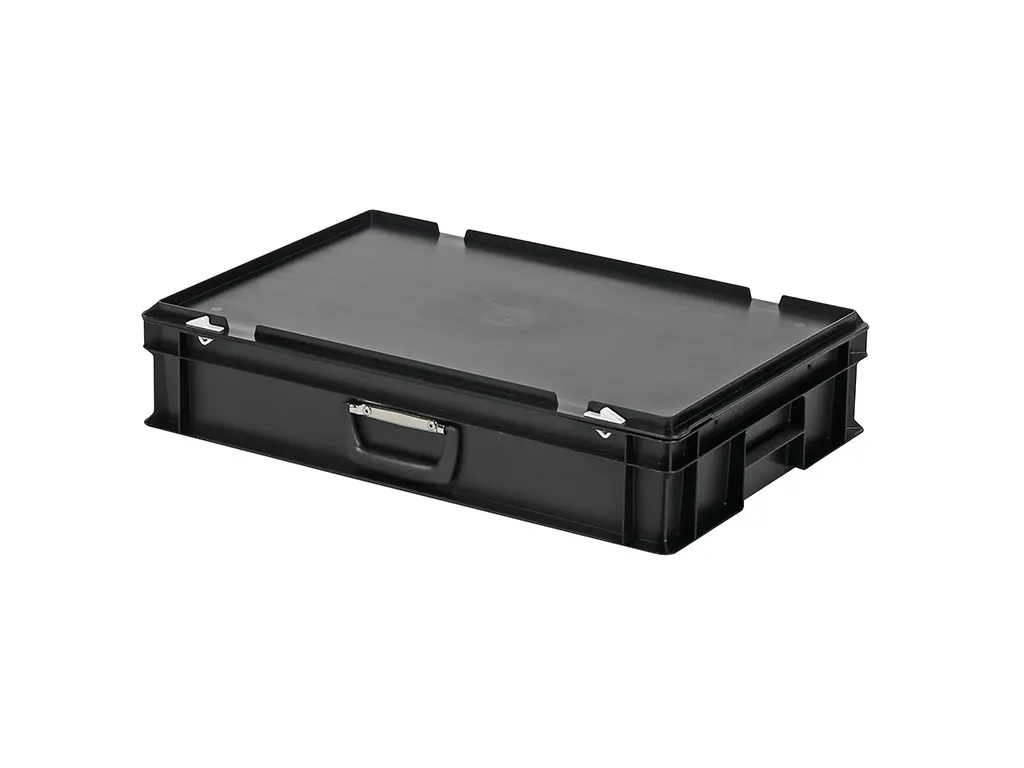 Koffer - 600 x 400 x H 135 mm - zwart - stapelbak met deksel en koffergreep