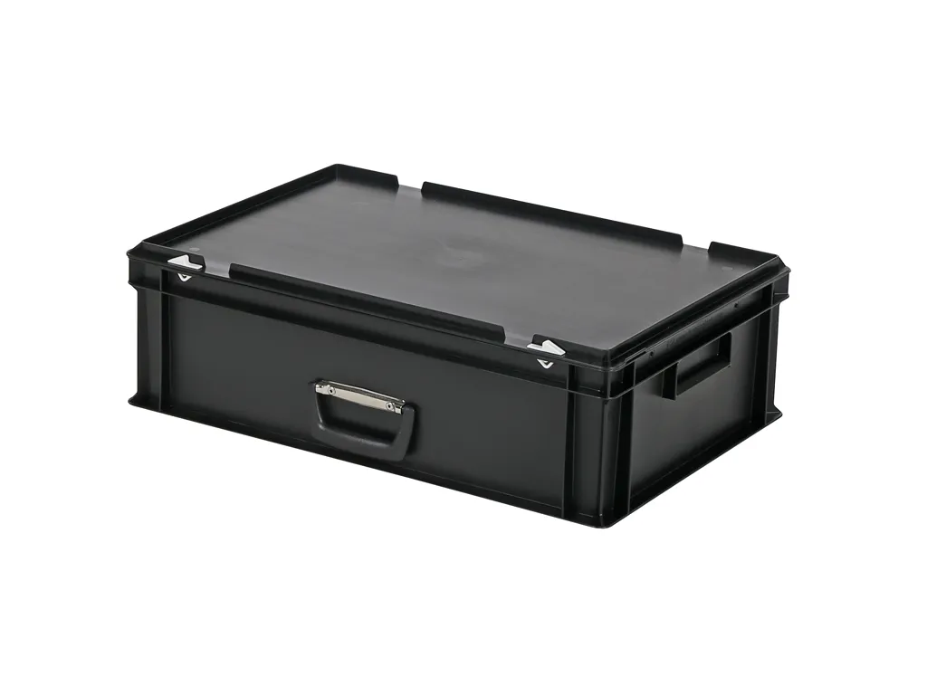 Koffer - 600 x 400 x H 185 mm - zwart - stapelbak met deksel en koffergreep