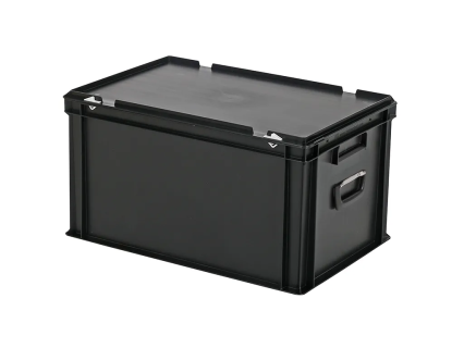 Valise - 600 x 400 x H 335 mm - Noir - bac gerbable avec couvercle et poignée (fond renforcé)