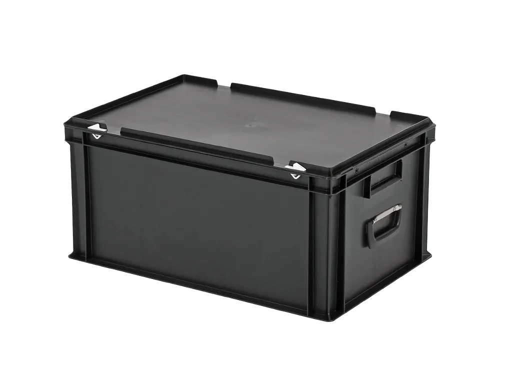 Koffer - 600 x 400 x H 295 mm - zwart - stapelbak met deksel en koffergreep