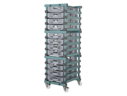 Kunststoff-Behälterwagen 540x660xH1720mm für 12 Beh. grü/gra