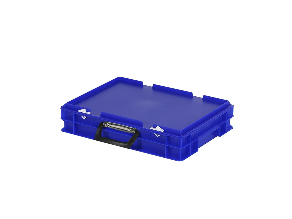 Valise - 400 x 300 x H 90 mm - Bleu - bac gerbable avec couvercle et poignée (fond lisse)