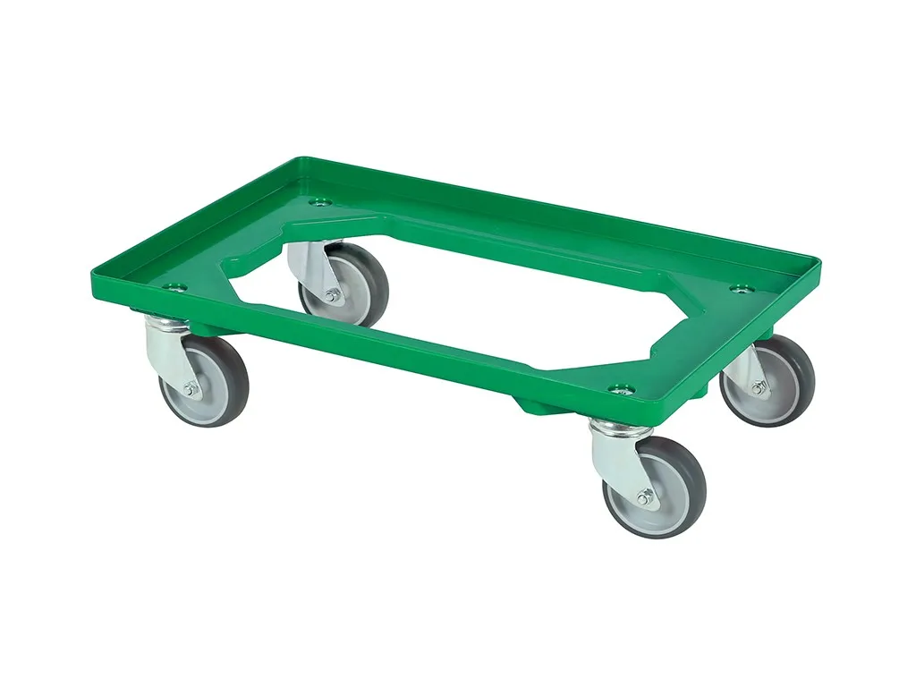 Verrijdbaar kunststof onderstel - 600 x 400 mm - groen - gegalvaniseerde gaffels - nylon / PU wielen
