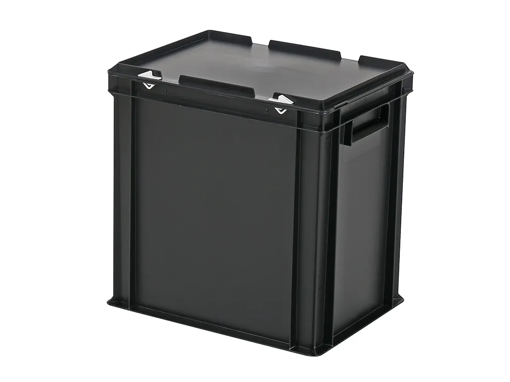 Stapelbehälter mit Deckel - 400 x 300 x H 415 mm (verstärkter Boden) - Schwarz