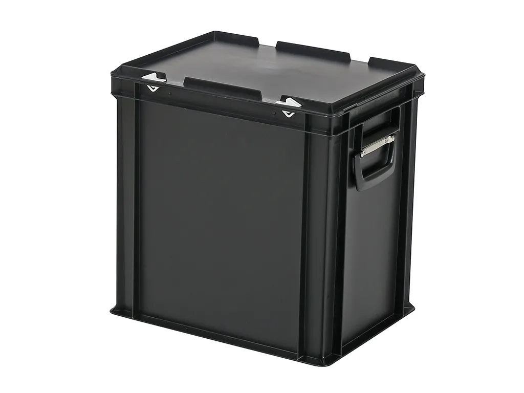 Koffer - 400 x 300 x H 415 mm - zwart - stapelbak met deksel en koffergreep