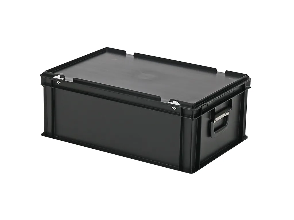 Koffer - 600 x 400 x H 235 mm - zwart - stapelbak met deksel en koffergreep