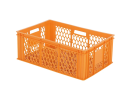 Stapelkrat - 600 x 400 x H 224 mm - geheel geperforeerd - 4 open handgrepen - rasterbodem - oranje