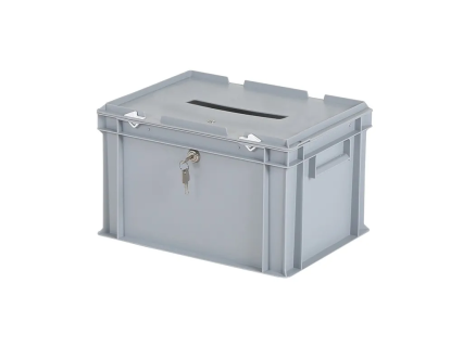Wahlurne | Transportbox mit Einwurfschlitz und Schloss - 400 x 300 x H 295 mm - grau | Einzelschlie&szlig;endes Schloss
