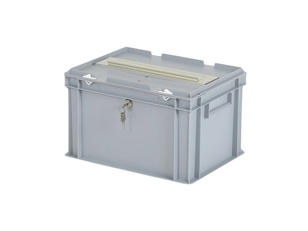 Wahlurne | Transportbox mit Briefkastenklappe und Schloss - 400 x 300 x H 250 mm - grau | Gleichschließendes Zylinderschloss 
