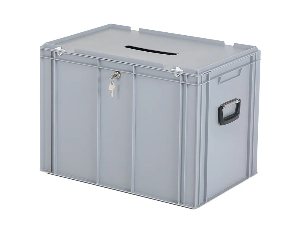 Wahlurne | Transportbox mit Einwurfschlitz und Schloss - 600 x 400 x H 439 mm - grau | Gleichschließendes Zylinderschloss 