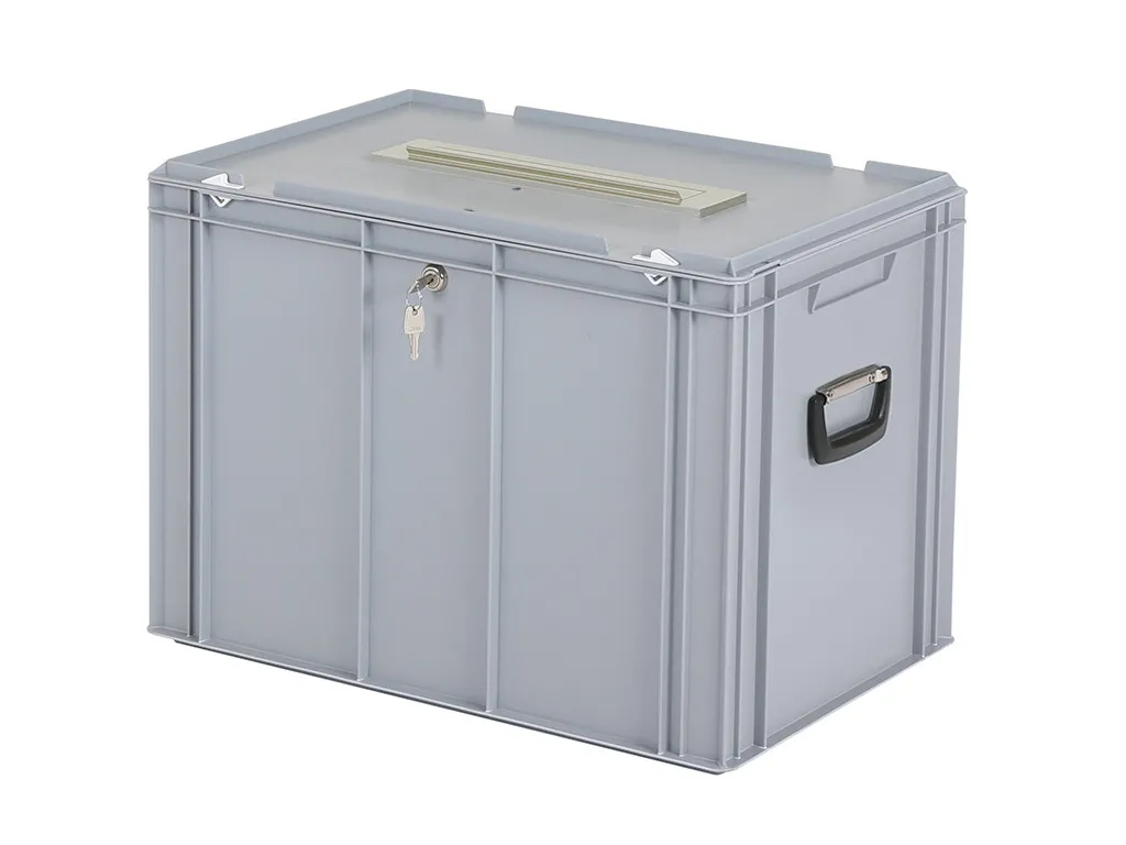 Wahlurne | Transportbox mit Briefkastenklappe und Schloss - 600 x 400 x H 439 mm - grau | Gleichschließendes Zylinderschloss 