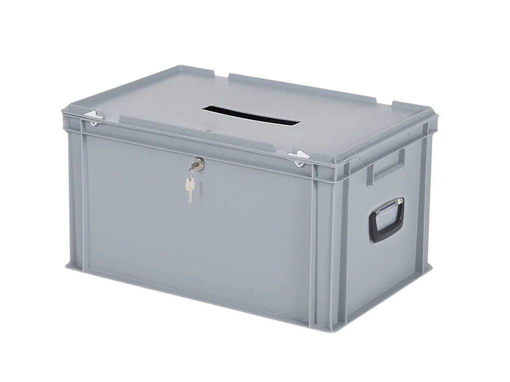 Wahlurne | Transportbox mit Einwurfschlitz und Schloss - 600 x 400 x H 335 mm - grau | Einzelschließendes Schloss  - 1