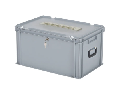 Ballot box | Transport box with mailbox flap and lock - 600 x 400 x H 335 mm - grey | Single-keyed lock&nbsp;