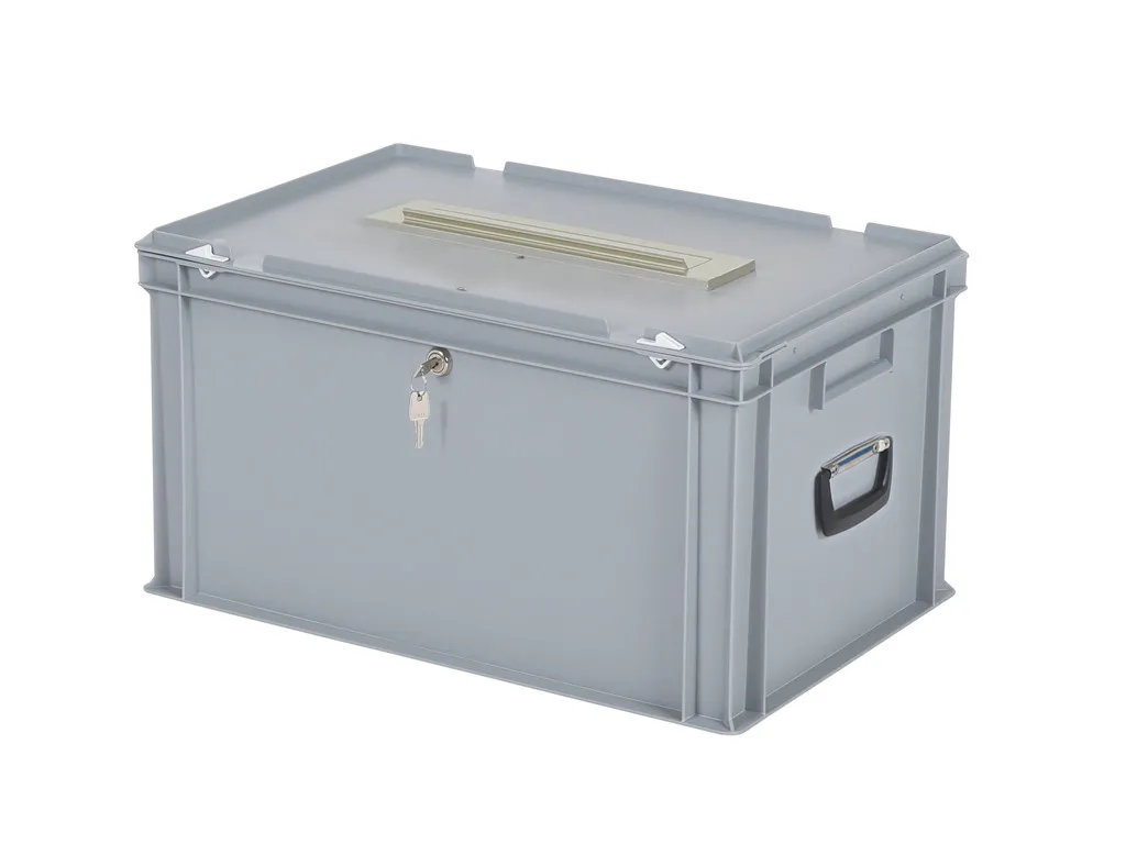 Wahlurne | Transportbox mit Briefkastenklappe und Schloss - 600 x 400 x H 335 mm - grau | Gleichschließendes Zylinderschloss 