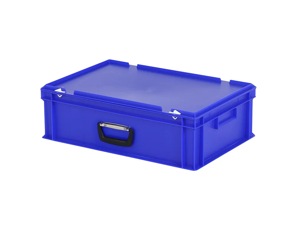 Valise - 600 x 400 x H 185 mm - Bleu - bac gerbable avec couvercle et poignée (fond lisse)