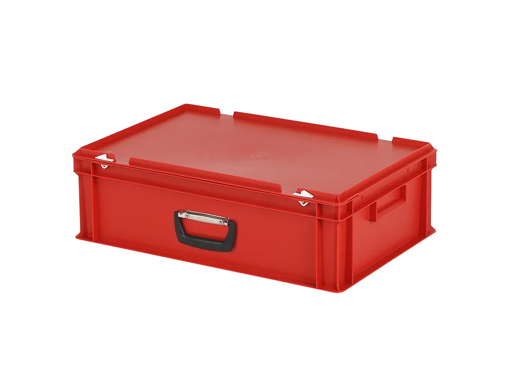 Valise - 600 x 400 x H 185 mm - rouge - bac gerbable avec couvercle et poignée (fond lisse)