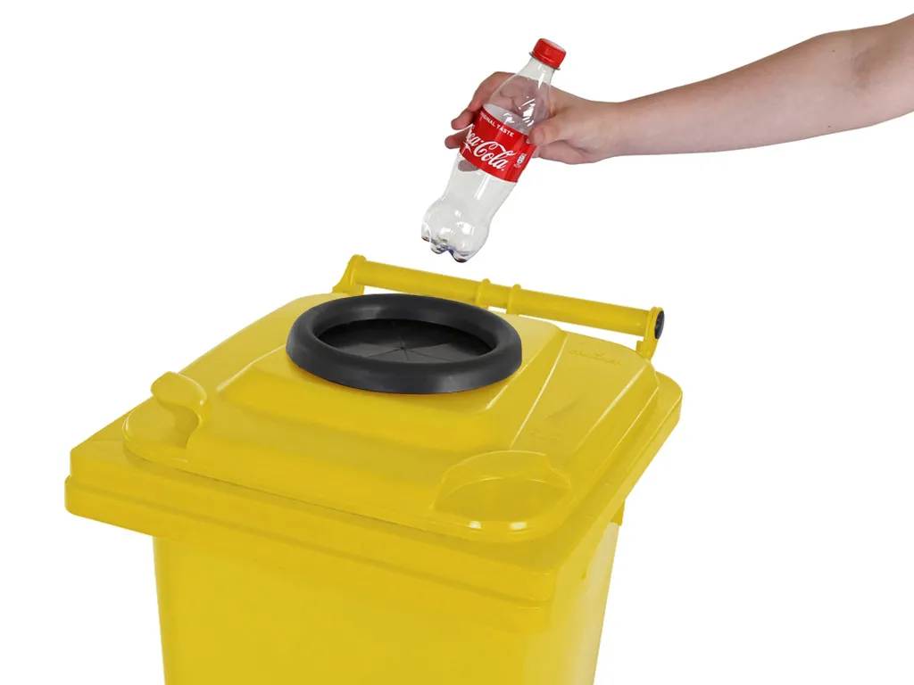 Two-wheeled 120 litre container for plastic bottles - yellow