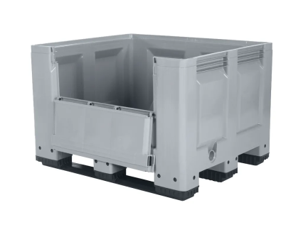 Palettenbox BIG BOX mit Ladeklappe - 1200 &times; 1000 mm - geschlossen - 3 Kufen - grau