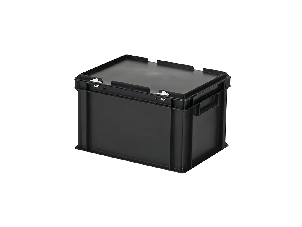 Stapelbehälter mit Deckel - 400 x 300 x H 250 mm (glatter Boden) - Schwarz