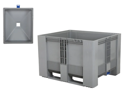 Trichterboden-Palettenbox SB3 - 1200 x 1000 mm - 500 Liter - mit Absperrschieber 120 mm - auf 2 Palettenkufen und 1 Fu&szlig; - randstapelbar - grau