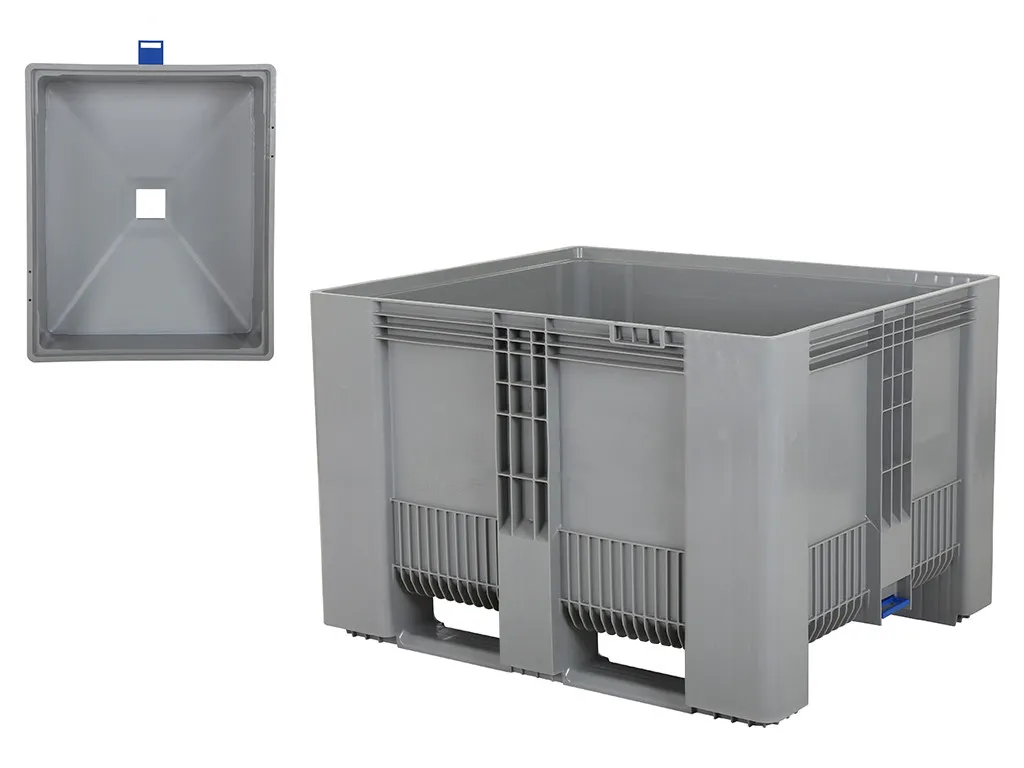 SB3 plastic palletbox - 1200 x 1000 mm - with funnel base and slide valve - on 2 runners