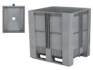 Trichterboden-Palettenbox SB3 DUO - 1200 x 1000 mm - 900 Liter - mit Absperrschieber 120 mm - auf 2 Palettenkufen und 1 Fu&szlig; - randstapelbar - grau