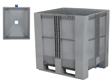 Trichterboden-Palettenbox SB3 DUO - 1200 x 1000 mm - 900 Liter - mit Absperrschieber 120 mm - auf 2 Palettenkufen und 1 Fu&szlig; - randstapelbar - grau