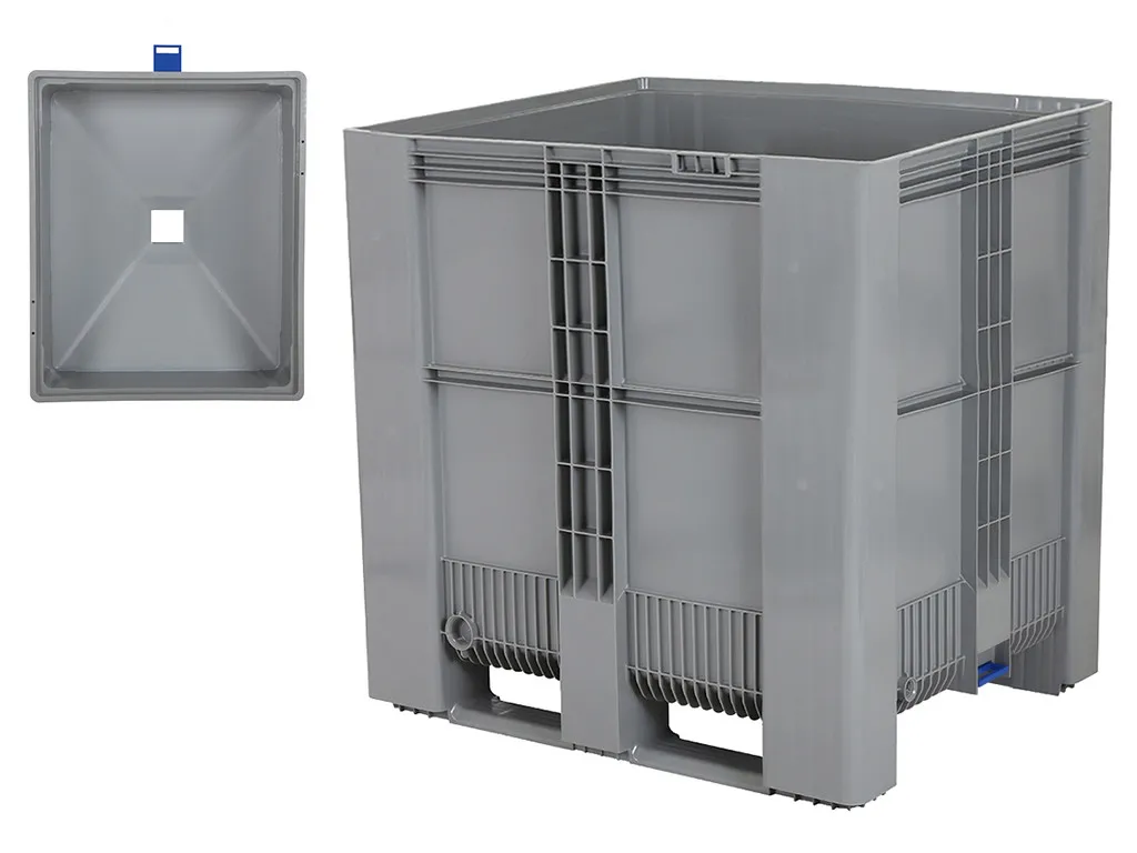 DUO Kunststoff Palettenbox - 1200 x 1000 mm - mit Trichterboden und Absperrschieber - auf 2 Kufen