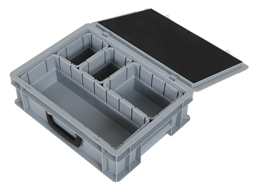 Case with insert trays - 400 x 300 x H 133 mm - gray | 1 x insert tray 1/2, 1 x insert tray 1/4, and 2 x insert tray 1/8