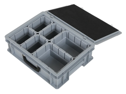 Koffer met inzetbakken &nbsp;400 x 300 x H 133 mm &nbsp;grijs &nbsp;| 2 x inzetbak 1/4 en 4 x inzetbak 1/8