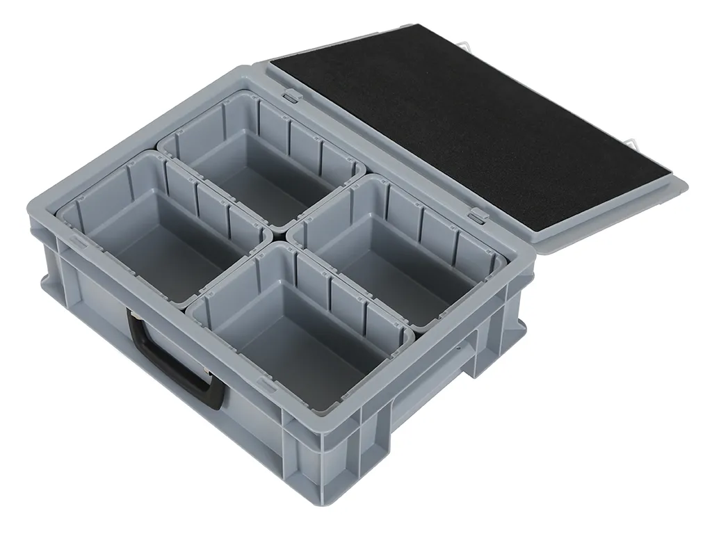 Case with insert trays - 400 x 300 x H 133 mm - gray | 4 x insert tray 1/4