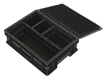 Koffer met inzetbakken &nbsp;400 x 300 x H 133 mm &nbsp;zwart &nbsp;| &nbsp;1 x inzetbak 1/2, 1 x inzetbak 1/4 en 2 x inzetbak 1/8