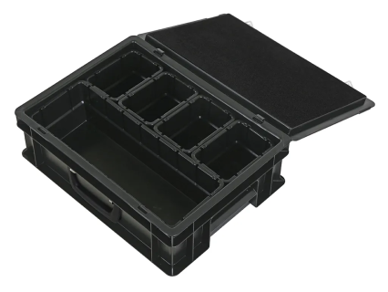 Koffer met inzetbakken &nbsp;400 x 300 x H 133 mm &nbsp;zwart &nbsp;| &nbsp;1 x inzetbak 1/2, en 4 x inzetbak 1/8