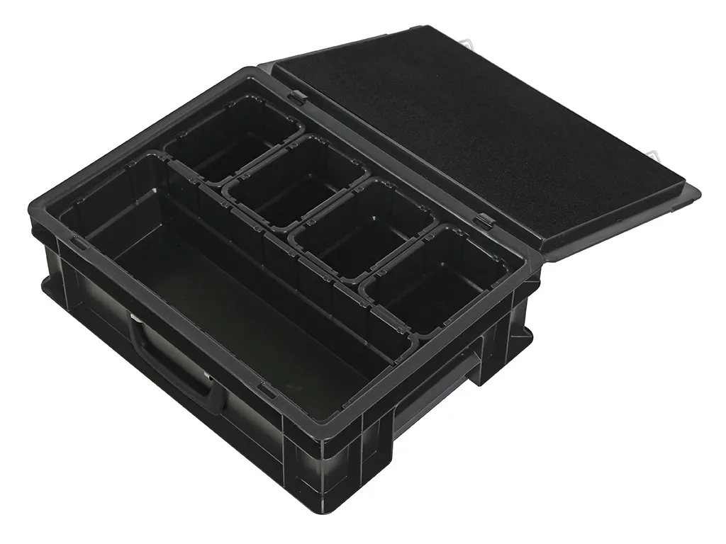 Koffer mit Einsatzbehältern - 400 x 300 x H 133 mm - schwarz | 1 x Einsatzbehälter 1/2 und 4 x Einsatzbehälter 1/8