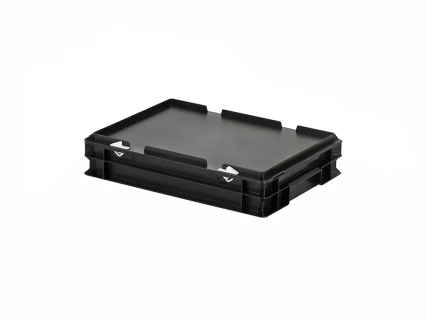 Stapelbeh&auml;lter mit Deckel - 400 x 300 x H 90 mm - glatter Boden - schwarz