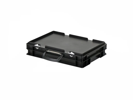 Koffer - 400 x 300 x H 90 mm - zwart - stapelbak met deksel en koffergreep
