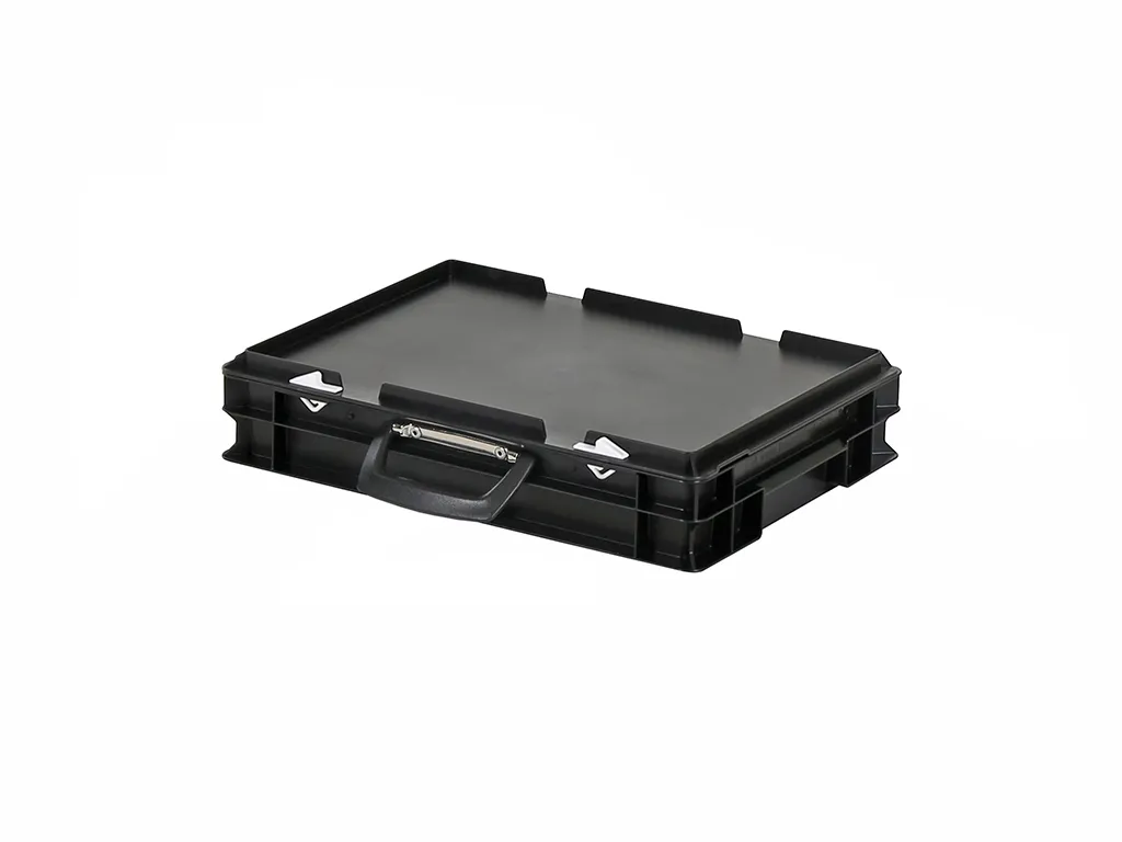 Koffer - 400 x 300 x H 90 mm - zwart - stapelbak met deksel en koffergreep