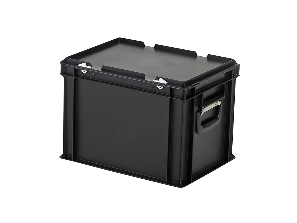 Koffer - 400 x 300 x H 295 mm - zwart - stapelbak met deksel en koffergreep
