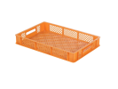 Stapelkrat - 600 x 400 x H 87 mm - fijnmazig geperforeerd - 2 open handgrepen - rasterbodem - oranje