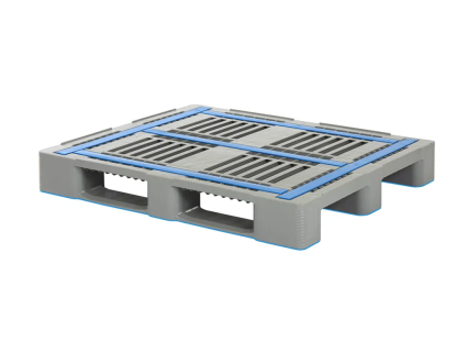 Industriepallet L3 - 1200x1000 mm &ndash; met randen 5 mm &ndash; 3 palletsledes met antislip &ndash; palletdek met antislip - grijs/blauw