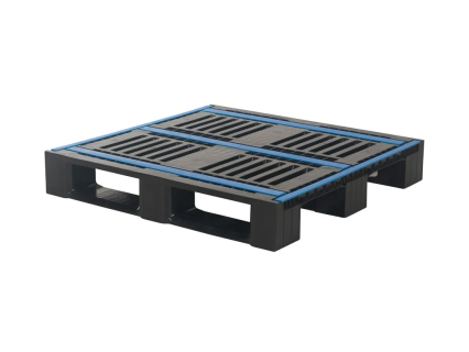 Kunststof pallet CR4 ECO - 1000 x 1000 mm - met 3 palletsledes - met antislip stroken - zwart/blauw