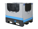 Inklapbare palletbox MAGNUM Optimum 1080 S - 1200 x 1000 x H1080 mm - op 2 sledes en 2 poten - met 2 laadkleppen - 105 mm verhoogd - grijs/zwart/blauw