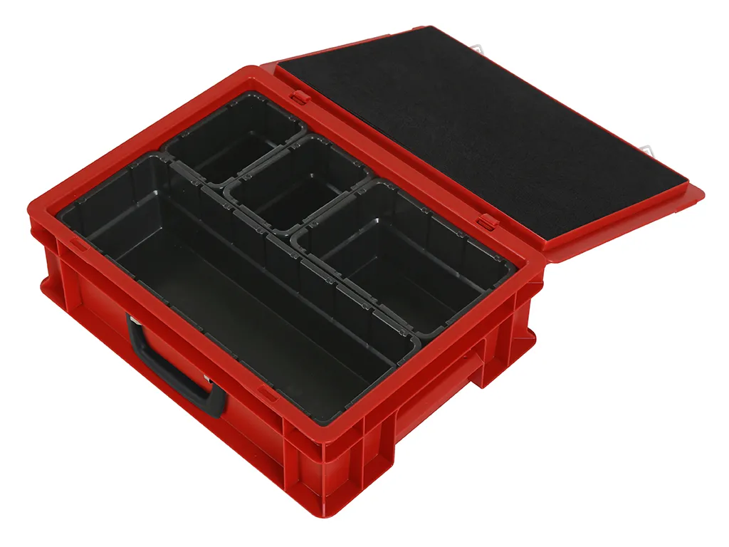 Case with insert trays - 400x300xH133mm - red | 1 x insert tray 1/2, 1 x insert tray 1/4, and 2 x insert tray 1/8.