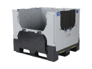 Inklapbare palletbox MAGNUM Optimum 1000 S - 1200 x 1000 mm - op 2 sledes en 2 poten - met 2 laadkleppen - grijs/zwart
