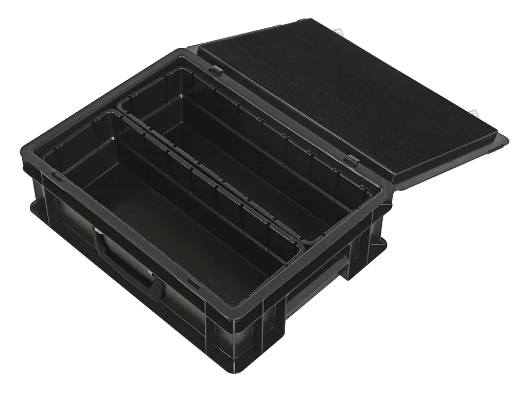 Case with insert trays - 400 x 300 x H 133 mm - black | 2 x insert tray 1/2